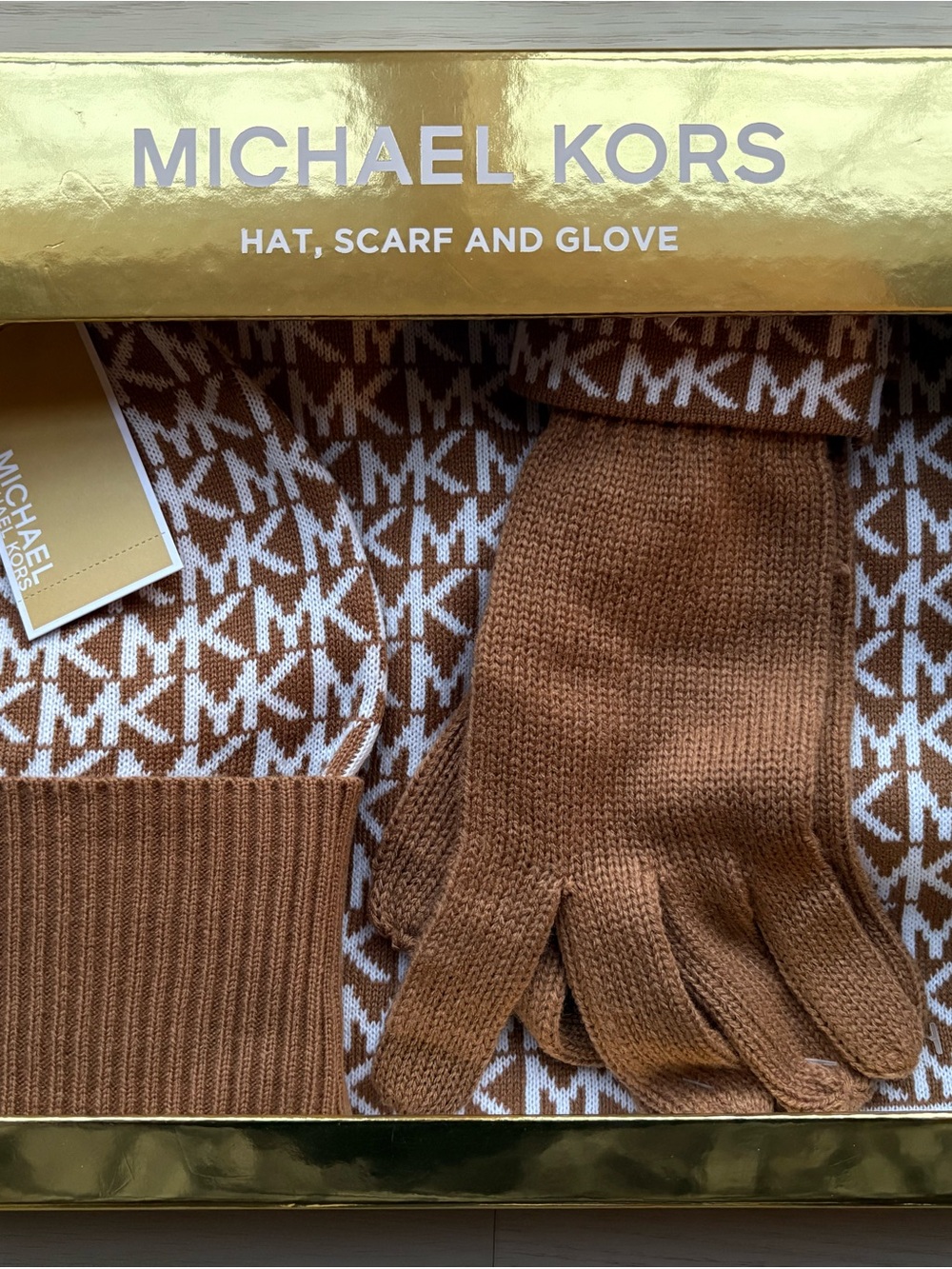 Michael Kors Hat Scarf Gloves Set MK Logo Camel Brown Winter Gift Box NWT